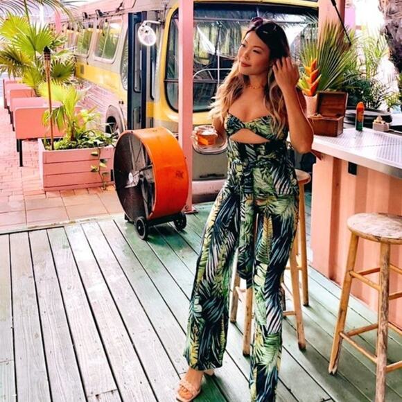 Bronx and Banco Jungle Jumpsuit Tropical Palms Green Black Size XXL Preowned - Picture 4 of 16